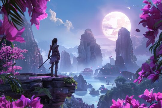 Aloy from Horizon Forbidden West standing on a cliff overlooking a beautiful landscape with a large moon in the sky.