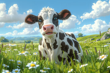  A cute cow standing in the grass, surrounded by white daisies and a blue sky with clouds. Created with Ai