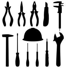 Electrician, construction worker, repairman hand work tools silhouettes