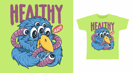 Bird Monster with Worm Illustration Pop Art Tshirt Designs.