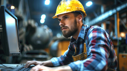 Male engineer in uniform, yellow hard hat and looking at the monitor
