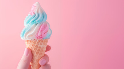 Pastel ice cream cone on beautiful woman hand with soft solid color background, creative design