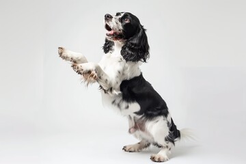 Energetic spaniel dog with black and white fur standing on hind legs, begging or performing a trick