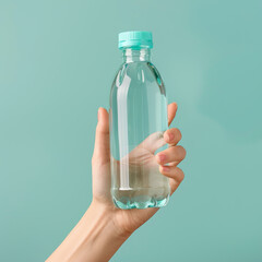 A hand holding a clear plastic bottle of water with a blue cap against a pale green background.