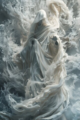 Ethereal Angelic Figure in Flowing Robes Amidst Swirling Particulates,Serene and Transcendent in Chiaroscuro Lighting