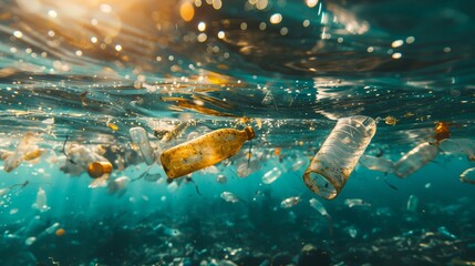 Trash underwater in the ocean. Problem of pollution and ecology of the sea. Plastic bottles sinking in to the ocean. World ocean day.