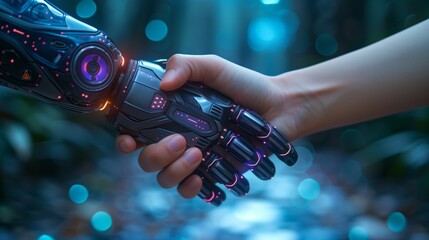 Human and Robot hands in handshake. Background futuristic digital age robot science digital technology. Friendship between artificial intelligence technology and real man conceptual template.