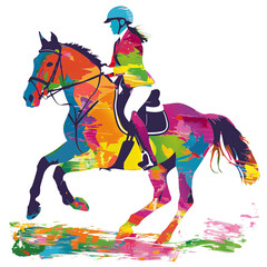 Colorful Equestrian Action, Abstract Watercolor Style on White Background