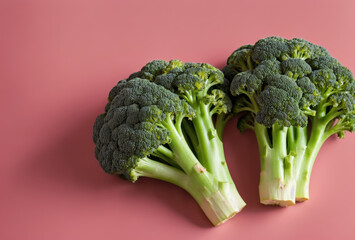 Organic broccoli florets neatly placed on a monotone blush pink background. AI generated.