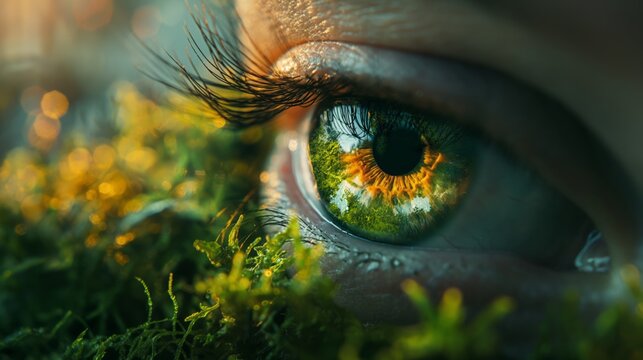 Earth awakening concept, save the planet. Close up image of woman green eye with landscape painted. Creative composite of macro eye with element of nature. Ecological concept.