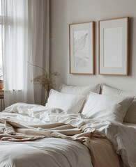 Bedroom with a focus on comfort and style. Elegant bedding, textured throws, and tasteful wall art, creating a perfect blend of modern aesthetics and homely warmth. Home decor and lifestyle