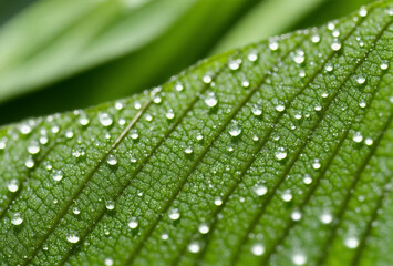 Close-up of sparkling dew drops on fresh green leaves in the morning light. AI generated.