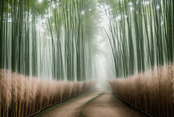 Mystical morning mist settling over a narrow path through a bamboo forest. AI generated.