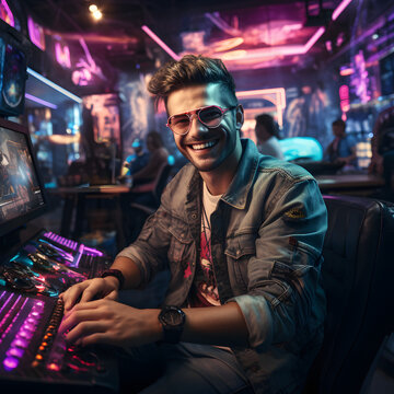 A gammer smiling finishing mission in game at gaming room