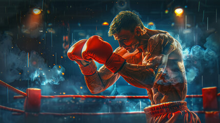 Boxer landing a punch in the ring, intense fight scene, dramatic lighting, 3D vector, - obrazy, fototapety, plakaty