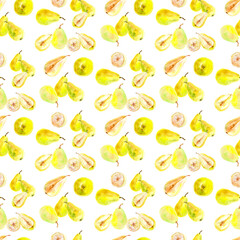Pattern of fresh ripe yellow honey pear fruits. Hand drawn watercolor illustration. Delicious aromatic fruit ripened on a tree