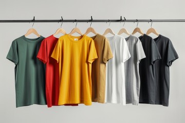Photo of t-shirts hanging on wooden hangers in front of a white wall, showcasing the variety and color range for different styles of . The shirt is flat with no wrinkles or creases