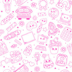 outline Back to school seamless pattern retro groovy trendy doodle drawing repeating isolated on background.