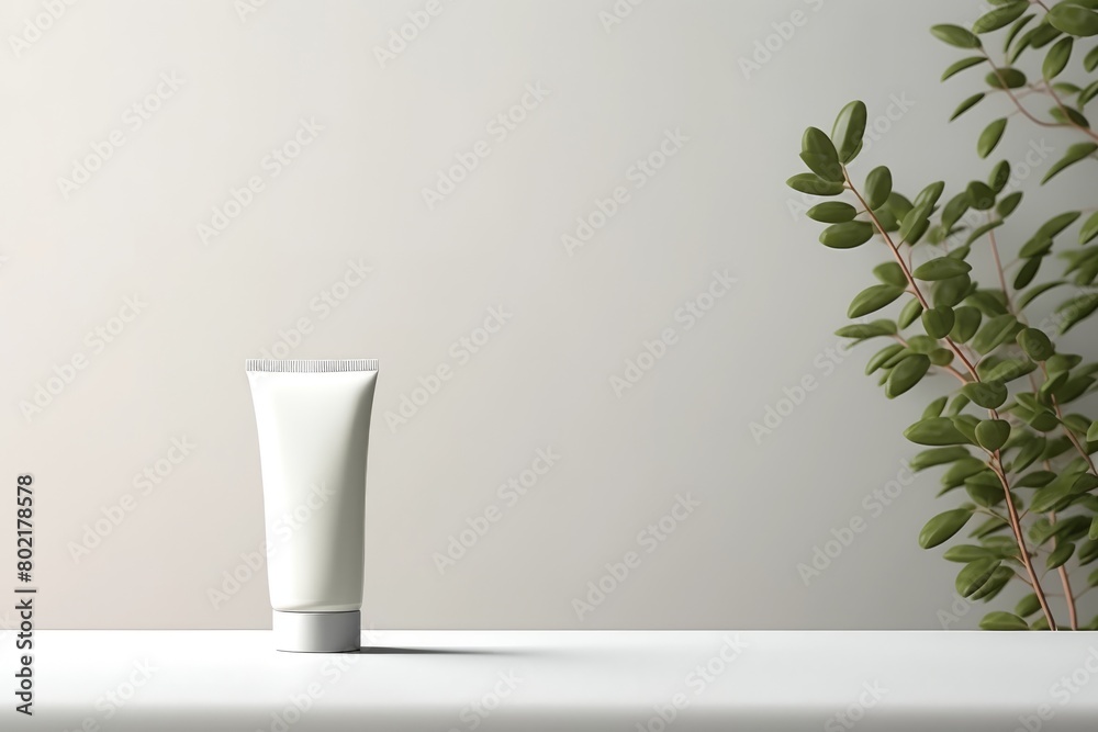 Wall mural A mock up of realistic white blank cosmetic tube isolated on white and grey background with leafs of plants , 3d rendering , 3D illustration