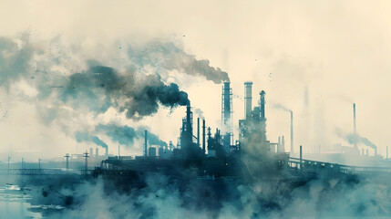 Watercolor painting depicting a heavily polluted industrial cityscape,highlighting the stark contrast between human resilience and the urgent need