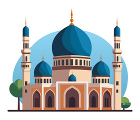 Islamic mosque exterior building flat vector design showcasing masjid architecture illustration.