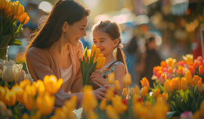 Happy mother and daughter with yellow tulips at flower shop, giving flowers to each other. Mother's...