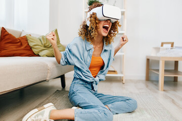 Virtual Reality Joy: A Smiling Woman Enjoying Futuristic VR Game in Home Interior