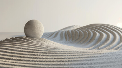A surreal stock photo featuring a stone ball nestled amidst wavy, organic sand formations forming captivating spiral patterns.