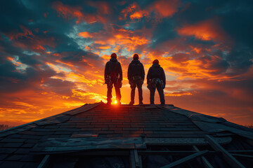 Photograph of three construction workers standing on the rooftop with wood shingles, golden hour sunset in the background. Created with Ai