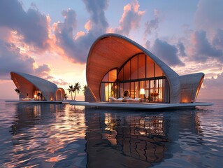 A luxury resort on a private island, showcasing modern Maldivian architecture.