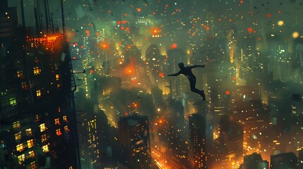 An exhilarating image of a person in freefall above a dense urban landscape glowing with neon lights and embers under a night sky.