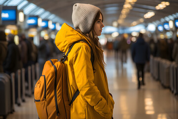 A young woman at international airport over blur background