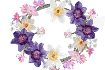 Watercolor floral wreath with daffodils and crocus flowers