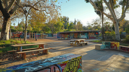 Naklejka premium A local park is transformed into a colorful and vibrant space with graffiti art, serving as a unique backdrop for various community events and gatherings.