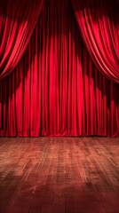 Stage backdrop and red curtains in theatre background with space for copy