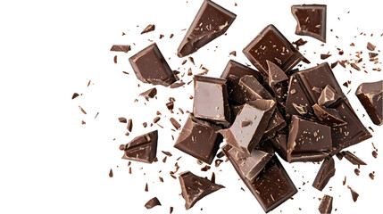 Fresh organic broken chocolate pieces isolated on a transparent background
