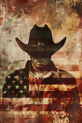 Double Exposure image of a Cowboy and the American Flag. 4th July Independence Day theme.