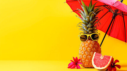 Concept of summer vibes with stylish pineapple wearing sunglasses an umbrella and tropical flowers and fruit against yellow background. Can be used as background.