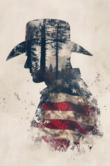 Double Exposure image of a Cowboy and the American Flag. 4th July Independence Day theme.