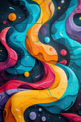 Vibrant and dynamic abstract graffiti mural featuring swirling patterns and vivid colors.