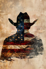 Double Exposure image of a Cowboy and the American Flag. 4th July Independence Day theme.