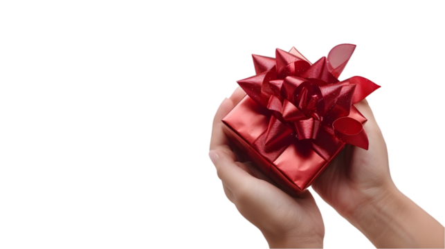 Hand holding Gift present box with bow isolated on a transparent background