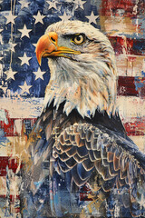 Double Exposure image of a Bald Eagle and the American Flag. 4th July Independence Day theme.
