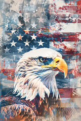 Double Exposure image of a Bald Eagle and the American Flag. 4th July Independence Day theme.
