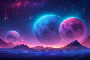 Synthwave landscape with three planets and a starry sky