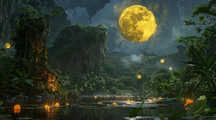The full moon rises over a misty jungle landscape.