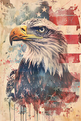 Double Exposure image of a Bald Eagle and the American Flag. 4th July Independence Day theme.