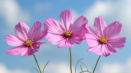 Three pink cosmos flowers in front of a blue sky with white clouds.