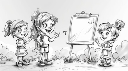 Three happy school girls standing in front of a blackboard