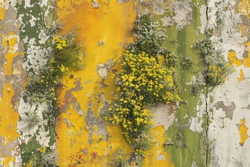 Yellow and green wall with white flowers growing out of it.